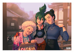  3girls architecture black_dress black_hair black_shirt blue_sweater border brown_eyes building character_print checkered_clothes checkered_shirt clothes_around_waist commentary company_name cropped_shirt doughnut_hair_bun dress east_asian_architecture english_commentary family grandmother_and_granddaughter green_hair hair_bun hand_on_another&#039;s_face headphones headphones_around_neck highres holding_hands jewelry kiriko&#039;s_grandmother_(overwatch) kiriko_(overwatch) lips long_sleeves looking_at_another medium_hair mother_and_daughter multiple_girls navel necklace official_art old old_woman orange_shirt outdoors overwatch overwatch_2 pachimari pastry_box pink_lips railing red_shirt shirt shirt_around_waist single_hair_bun smile standing sweater topknot turtleneck turtleneck_sweater upper_body watch white_border white_hair will_murai wristwatch yamagami_asa 