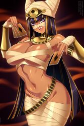  1girl bandaged_leg bandages blonde_hair breasts bright_pupils card cleavage commentary dark-skinned_female dark_skin english_commentary eye_of_horus female_focus hands_up hat highres holding holding_card large_breasts lindaroze linea_alba long_hair looking_at_viewer monster_girl monster_musume_no_iru_nichijou multicolored_hair naked_bandage navel open_mouth paid_reward_available purple_eyes purple_hair smile solo streaked_hair teeth twitter_username underboob upper_teeth_only usekh_collar very_long_hair watermark web_address white_pupils  rating:Questionable score:27 user:danbooru