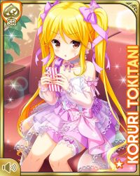  1girl :o blonde_hair card_(medium) character_name detached_sleeves dress earrings girlfriend_(kari) indoors jewelry long_hair looking_at_viewer mobile_phone night official_art open_mouth pink_dress pink_ribbon qp:flapper ribbon see-through see-through_sleeves sitting solo tagme tokitani_koruri twintails yellow_eyes 