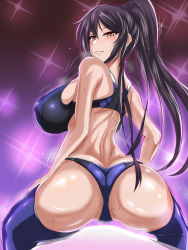 1girl ass back black_hair blue_panties blue_thighhighs blush breasts covered_erect_nipples crotch hair_between_eyes hands_on_own_thighs highres huge_breasts idolmaster idolmaster_shiny_colors long_hair looking_at_viewer looking_back panties ponytail puripuri_jet shirase_sakuya smile solo sparkle sports_bra sweat thighhighs underwear yellow_eyes rating:Questionable score:68 user:danbooru