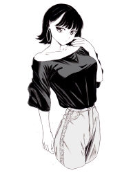  1girl bad_id bad_pixiv_id black_hair black_shirt breasts collarbone dende_(dndn222) earrings greyscale hand_on_own_cheek hand_on_own_face highres hoop_earrings jewelry large_breasts looking_at_viewer monochrome original pants scan scan_artifacts shirt shirt_tucked_in short_hair solo standing swept_bangs traditional_media  rating:General score:1 user:danbooru