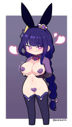 1girl acomu414 animal_ears blush border braid breast_hold breasts bridal_gauntlets chibi cleavage closed_mouth commentary covered_erect_nipples fake_animal_ears full_body genshin_impact hair_ornament heart heart-shaped_pupils heart_maebari heart_pasties highres large_breasts long_hair long_sleeves looking_at_viewer low-braided_long_hair low-tied_long_hair maebari meme_attire navel outside_border pasties purple_eyes purple_hair purple_thighhighs rabbit_ears raiden_shogun revealing_clothes reverse_bunnysuit reverse_outfit smile solo standing symbol-shaped_pupils thighhighs twitter_username very_long_hair white_border rating:Questionable score:66 user:danbooru
