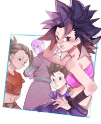  2boys 2girls :o arms_behind_back bare_arms bare_shoulders belt black_eyes black_hair blue_border blue_shirt border breasts cabba caulifla collarbone crop_top crossed_arms d89im dark_skin dragon_ball dragon_ball_super earrings expressionless eyelashes frown half-closed_eyes hand_in_own_hair hand_on_own_hip high_ponytail hit_(dragon_ball) jewelry kale_(dragon_ball) leaning leaning_to_the_side looking_at_viewer looking_back medium_breasts midriff multiple_boys multiple_girls navel outside_border pants ponytail purple_pants red_eyes shirt short_sleeves sideboob simple_background spiked_hair strapless striped teeth tube_top upper_teeth_only v-shaped_eyebrows white_background wristband  rating:Sensitive score:5 user:danbooru