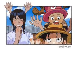  1girl 2023 2boys ^_^ antlers black_hair blush close-up closed_eyes cloud collared_shirt commentary cross dated extra_arms hana_hana_no_mi hat highres horns looking_down looking_up medium_hair monkey_d._luffy multiple_boys nico_robin on_head one_piece onecata11 pink_hat salute scar scar_on_face shirt short_hair sky smile straw_hat tony_tony_chopper vulcan_salute 