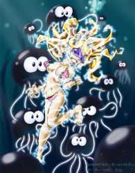  1girl barefoot blonde_hair breasts clenched_teeth closed_eyes earrings electricity electrocution feet functionally_nude goggles imminent_rape jelectro jellyfish jewelry mario_(series) medium_breasts nintendo nipples pain peril princess princess_peach shaxbert signature super_mario_bros._3 swimsuit teeth tentacles two-piece_swimsuit underwater undressing_another 