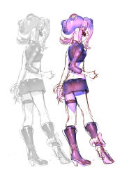  1girl agent_8_(splatoon) boots crop_top full_body high_heel_boots high_heels highres koharu2.5 medium_hair miniskirt nintendo octoling octoling_girl octoling_player_character shirt simple_background single_bare_shoulder single_sleeve sketch skirt splatoon_(series) splatoon_2 splatoon_2:_octo_expansion suction_cups tentacle_hair thigh_strap white_background 