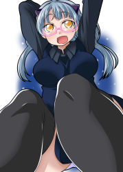  10s 1girl absurdres black_thighhighs breasts clair_hojo glasses headband highres id-0 large_breasts long_sleeves low_twintails open_mouth panties ragu_hori short_hair silver_hair solo thighhighs twintails underwear 