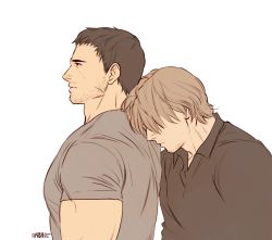  2boys chris_redfield facial_hair from_side grey_shirt head_on_another&#039;s_shoulder leon_s._kennedy light_brown_hair male_focus mature_male multiple_boys muscular muscular_male pectorals resident_evil sardine_(kjr0313) shirt short_hair sideburns stubble tight_clothes tight_shirt upper_body white_background  rating:Sensitive score:3 user:danbooru