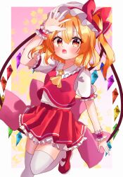  1girl absurdres ascot blonde_hair cowboy_shot crystal_wings dress flandre_scarlet frilled_dress frills hat hat_ribbon highres iris_(airisu495) mary_janes open_mouth red_ribbon ribbon shoes side_ponytail socks solo touhou white_mob_cap wrist_cuffs yellow_ascot 