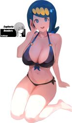  1girl absurdres alternate_breast_size arm_at_side bare_shoulders barefoot bikini blue_eyes blue_hair breasts cleavage creatures_(company) game_freak green_eyes hair_ornament hand_up highres hood_(james_x) knees_together_feet_apart lana&#039;s_mother_(pokemon) large_breasts looking_at_viewer low_ponytail mature_female navel nintendo open_mouth pokemon pokemon_(anime) pokemon_sm_(anime) side-tie_bikini_bottom sitting smile solo stomach swimsuit teeth underboob upper_teeth_only 