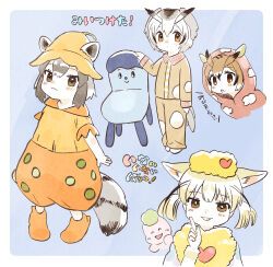  4girls animal_ears arm_at_side blue_background blue_eyes blush border brown_eyes brown_hair character_request closed_mouth common_raccoon_(kemono_friends) cosplay_request cossy dot_nose ears_through_headwear eurasian_eagle_owl_(kemono_friends) fennec_(kemono_friends) fox_ears fox_girl grey_hair hat head_wings highres index_finger_raised kemono_friends miitsuketa! multiple_girls northern_white-faced_owl_(kemono_friends) open_mouth orange_footwear orange_hat orange_shorts pajamas puffy_shorts raccoon_ears raccoon_girl raccoon_tail short_hair shorts suicchonsuisui tail translation_request white_border wings 