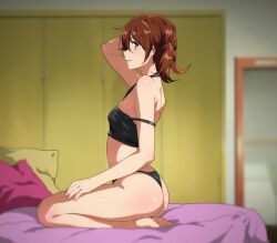  1girl arm_up ass barefoot bed bedroom black_camisole black_panties breasts brown_hair camisole from_side full_body hibike!_euphonium highres legs on_bed oumae_kumiko panties pillow sbel02 seiza sitting small_breasts solo strap_slip thighs underwear yellow_eyes  rating:Sensitive score:97 user:danbooru