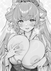  1girl breasts catura_(granblue_fantasy) draph grabbing_own_breast granblue_fantasy greyscale huge_breasts inverted_nipples looking_at_viewer monochrome mushi024 nipples puffy_areolae solo upper_body 