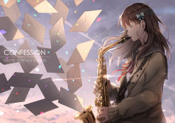  1girl blue_bow blush bow brown_hair envelope closed_eyes from_side hair_bow holding holding_instrument instrument long_hair long_sleeves looking_away ng_(chaoschyan) original saxophone solo 