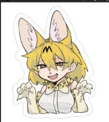  1girl :d animal_ear_fluff art_program_in_frame bad_id bad_twitter_id bare_shoulders blonde_hair bow bowtie breasts claws commentary_request cropped_torso elbow_gloves extra_ears fangs gloves hair_between_eyes hands_up highres inactive_account jmeysan kemono_friends looking_at_viewer medium_breasts open_mouth paw_pose print_bow print_bowtie serval_(kemono_friends) serval_print shirt short_hair sleeveless sleeveless_shirt smile solo upper_body white_background white_gloves white_shirt yellow_eyes 