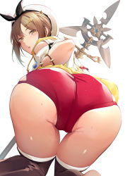1girl :o ass ass_focus atelier_(series) atelier_ryza atelier_ryza_1 bad_id bad_pixiv_id blush brown_eyes brown_hair commentary_request from_behind hair_ornament hairclip hat jewelry looking_at_viewer looking_back red_shorts reisalin_stout short_shorts shorts simple_background solo staff sweat thighhighs thighs umihotaru_harumare white_background rating:Questionable score:34 user:danbooru