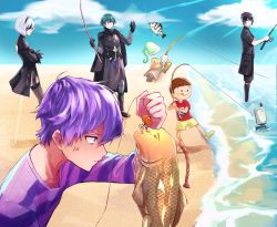  1girl 1other 4boys armor back_cutout beach belt black_blindfold black_dress black_gloves black_hair black_hairband black_jacket blindfold blue_eyes blue_hair blue_sky bob_cut breasts brown_hair byleth_(fire_emblem) byleth_(male)_(fire_emblem) character_request closed_mouth clothing_cutout cloud cloudy_sky covered_eyes crossed_arms crossover dress feather-trimmed_sleeves feathers final_fantasy final_fantasy_xv fingerless_gloves fire_emblem fire_emblem:_three_houses fishing_hook fishing_rod from_side gloves hair_between_eyes hairband hat highres jacket juliet_sleeves kontaro0 leg_up lips long_sleeves medium_breasts multiple_boys nier:automata nier_(series) nintendo noctis_lucis_caelum ocean outdoors puffy_sleeves purple_eyes purple_hair red_lips seaman seaman_(game_character) short_hair side_cutout sidelocks sky swept_bangs water white_hair 2b_(nier:automata)  rating:Sensitive score:3 user:Houseofcards77