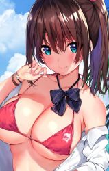  1girl bare_shoulders bikini bikini_top_only blue_eyes blush bow bowtie bracelet breasts brown_hair cleavage closed_mouth cloud cloudy_sky collarbone commentary_request day fingernails hand_up jewelry large_breasts lips long_hair looking_at_viewer mataro_(matarou) original outdoors ponytail shiny_skin shirt sidelocks sky smile solo swimsuit upper_body white_shirt  rating:Sensitive score:19 user:danbooru