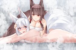 2girls :o @_@ absurdres akagi_(azur_lane) animal_ears arms_up ass azur_lane bathroom blue_eyes blush breast_press breasts brown_hair butt_crack cleavage embarrassed eyeshadow facing_viewer fox_ears fox_girl fox_tail from_side hair_ornament hair_over_one_eye hairclip half-closed_eyes hand_on_another&#039;s_back hand_on_another&#039;s_head headpat highres kaga_(azur_lane) kitsune large_breasts leaning_on_person long_hair looking_at_another looking_back lying lying_on_person makeup massage medium_hair multiple_girls multiple_tails naked_towel on_floor on_stomach orange_eyes red_eyeshadow samip seductive_smile shower_(place) showering sideboob slit_pupils smile surprised tail teeth thighs towel upper_teeth_only very_long_hair water wet white_hair yuri 