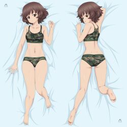  1girl absurdres acrux akiyama_yukari artist_logo back barefoot bed_sheet brown_eyes brown_hair camouflage camouflage_panties camouflage_sports_bra commentary dakimakura_(medium) dated english_commentary from_behind girls_und_panzer green_panties green_sports_bra half-closed_eyes highres kneepits leg_up looking_at_viewer looking_back lying messy_hair multiple_views navel on_back on_bed on_stomach open_mouth panties short_hair smile sports_bra sports_panties thigh_gap underwear underwear_only 
