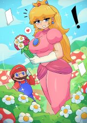 1boy 1girl absurdres blonde_hair blue_eyes blue_sky blush_stickers bouquet breasts bush crown day dress earrings facial_hair flower gloves grass hat heart highres holding holding_bouquet jewelry large_breasts long_hair mario mario_(series) mustache nintendo outdoors pink_dress princess_peach puffy_short_sleeves puffy_sleeves short_sleeves skin_tight sky smile spoken_heart standing tony_welt white_gloves