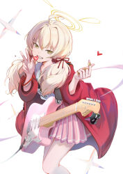  1girl absurdres blonde_hair blue_archive electric_guitar feet_out_of_frame grin guitar hair_between_eyes halo heart highres instrument jacket long_hair long_sleeves looking_at_viewer low_twintails official_alternate_costume open_clothes open_jacket peropicnic pink_skirt pleated_skirt red_jacket shirt simple_background skirt smile solo twintails v white_background white_shirt yellow_eyes yellow_halo yoshimi_(band)_(blue_archive) yoshimi_(blue_archive) 