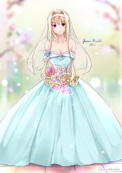  1girl alice_zuberg bare_shoulders blonde_hair blue_dress blue_eyes breasts bridal_veil commentary_request dress flower hair_intakes hairband highres holding holding_flower large_breasts long_hair long_skirt looking_at_viewer no_bra shi-2 skirt sword_art_online sword_art_online:_alicization veil wedding wedding_dress white_hairband 