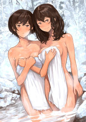  2girls bare_arms bare_legs bare_shoulders blush breasts brown_eyes brown_hair cleavage collarbone covering_breasts covering_privates cowboy_shot dutch_angle female_focus hair_between_eyes legs long_hair looking_at_viewer multiple_girls naked_towel neck nude nude_cover onsen outdoors rokuhara_(10687811) short_hair smile standing towel wading water 