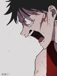  1boy angry bare_shoulders black_hair blood blood_on_face close-up facial_scar grey_eyes highres ia6pag0_(user85761728) male_focus monkey_d._luffy muted_color noise one_piece portrait profile red_vest sanpaku scar scar_on_cheek scar_on_face screaming short_hair sidelighting simple_background solo teeth tongue v-shaped_eyebrows veins very_short_hair vest white_background 