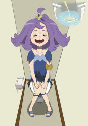 1girl :3 acerola_(pokemon) armband bathroom blue_dress blue_footwear blue_panties blush closed_eyes collarbone creatures_(company) dress flower from_above game_freak hair_flower hair_ornament highres nintendo open_mouth panties panty_pull papergami peeing pokemon pokemon_sm purple_hair sandals short_hair short_sleeves sitting smile toilet toilet_paper toilet_use underwear rating:Questionable score:9 user:cpee