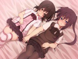 2boys androgynous blue_eyes blush brothers brown_eyes brown_hair crossdressing highres hinahara_hajime holding_hands loafers lying multiple_boys on_back pantyhose pleated_skirt seiryoku-zai_de_seiyoku_bohatsu! shoes siblings skirt striped_legwear sweater sweater_vest thighhighs trap twintails zettai_ryouiki rating:Sensitive score:104 user:Death666