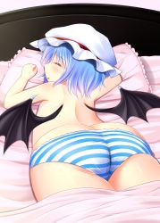  1girl ass bat_wings bed blue_hair blush from_behind hat hat_ribbon highres lying on_stomach open_mouth panties pillow remilia_scarlet rena_(riries) ribbon short_hair sleeping solo striped_clothes striped_panties touhou underwear underwear_only wings  rating:Questionable score:67 user:danbooru