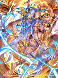  1girl ass bracelet breasts character_request dark-skinned_female dark_skin egyptian egyptian_clothes electricity feet floating_hair gold hair_ornament hanging_breasts jewelry large_breasts long_hair looking_at_viewer nails nippon_ichi orange_eyes original pondel smile soles very_long_hair zillions_of_enemy_x 