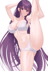  1girl absurdres arms_up blush bra breasts cleavage closed_mouth crotch fern_(sousou_no_frieren) highres large_breasts leg_up long_hair looking_at_viewer navel ni_tamago_sando panties purple_eyes purple_hair simple_background smile solo sousou_no_frieren split standing standing_on_one_leg standing_split stomach thighs underwear underwear_only very_long_hair white_background white_bra white_panties 