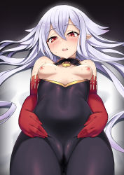 1girl absurdres bare_shoulders black_bodysuit bodysuit breasts breasts_out cameltoe commentary_request elbow_gloves gloves granblue_fantasy hair_between_eyes highres leotard light_purple_hair lo_xueming long_hair looking_at_viewer lying medusa_(shingeki_no_bahamut) nipples no_bra on_back open_mouth pointy_ears pussy_juice red_gloves small_breasts solo sweat upper_body very_long_hair rating:Explicit score:42 user:danbooru