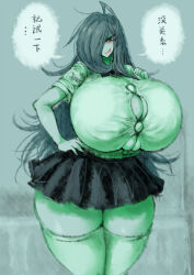 1girl 2b-ge bags_under_eyes breasts bursting_breasts button_gap chinese_text cowboy_shot female_focus green_theme hair_over_one_eye half-closed_eyes hand_on_own_hip head_tilt long_hair looking_at_viewer mature_female mei&#039;s_mom_(2b-ge) miniskirt open_mouth original school_uniform shirt skindentation skirt smile solo speech_bubble standing thick_thighs thighhighs thighs translation_request white_shirt white_thighhighs wide_hips zettai_ryouiki 