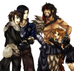  00s 1990s_(style) 4boys age_difference anger_vein angry armor bandana beard belt black_gloves black_hair blonde_hair blue_eyes brown_eyes brown_hair dissidia_012_final_fantasy dissidia_final_fantasy facial_hair family father_and_son final_fantasy final_fantasy_viii final_fantasy_x fingerless_gloves fur_collar fur_trim gloves jacket jecht laguna_loire long_hair male_focus multiple_boys retro_artstyle seasaltice13 simple_background spoilers squall_leonhart tidus topless_male trait_connection white_background 