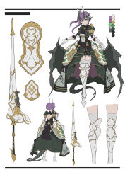  1girl absurdres alternate_costume animal_ears arm_guards armor armored_boots armored_dress ascot back_cutout black_ascot black_bow boots bow breasts character_sheet closed_mouth clothing_cutout color_guide commentary dragon_ears dragon_girl dragon_horns dragon_tail dragon_wings dress fantasy frilled_dress frills green_dress green_eyes hair_bow highres horns kemonomimi_mode lance link!_like!_love_live! long_hair looking_at_viewer love_live! medium_breasts multiple_views otomune_kozue polearm popupi_12 puffy_short_sleeves puffy_sleeves purple_hair shield short_dress short_sleeves showgirl_skirt side_ponytail sidelocks simple_background smile split_mouth tail thigh_boots thighhighs weapon white_armor white_background white_footwear white_thighhighs wings 