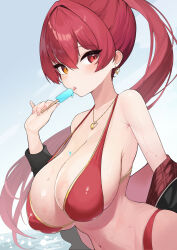  1girl beach bikini black_jacket blush breasts covered_erect_nipples earrings eating food gold_earrings gold_necklace heart heart_earrings heart_necklace heterochromia highres holding holding_food holding_popsicle hololive houshou_marine houshou_marine_(summer) huge_breasts jacket jewelry licking long_hair looking_at_viewer melting navel necklace official_alternate_costume open_mouth oritonagi ponytail popsicle popsicle_stick red_bikini red_eyes red_hair red_jacket solo swimsuit two-sided_fabric two-sided_jacket virtual_youtuber wet yellow_eyes 