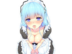  1girl blue_eyes blue_hair blush breasts breasts_out cum cum_in_mouth lagoo maid maid_in_1k matching_hair/eyes nipples simple_background solo white_background 
