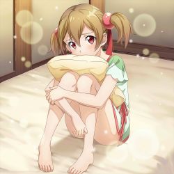  1girl bare_legs bed blonde_hair female_focus hair_ornament highres hugging_object indoors looking_at_viewer okdwtr on_bed pillow red_eyes short_hair silica sitting solo sword_art_online sword_art_online:_integral_factor twintails  rating:Sensitive score:63 user:danbooru