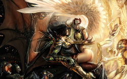  angel armor ass black_hair boots demon highres horns wallpaper white_eyes white_hair wings  rating:Sensitive score:15 user:khokkanen