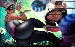 1girl anus arms_(game) ass ass_focus back bare_shoulders black_pants blue_eyes breasts catcouch cleft_of_venus cup dark_skin dark-skinned_female domino_mask drill_hair female_focus grass hip_focus huge_ass lipstick makeup mask medium_breasts nintendo pants pussy sleeveless solo torn_clothes torn_pants twintails twintelle_(arms) uncensored white_hair wide_hips rating:Explicit score:55 user:LivingCorpse