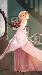  1girl absurdres anklet bare_shoulders barefoot blonde_hair bouquet bridal_gauntlets carrying carrying_person commentary dress flower hair_ribbon highres holding holding_bouquet indoors jewelry light_particles looking_at_viewer lycoris_recoil lycoris_uniform mirror nishikigi_chisato open_mouth photo_(object) red_eyes red_ribbon ribbon rnna short_hair sidelocks skirt_hold sleeveless sleeveless_dress solo wedding_dress white_dress yuri 