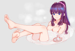  10s 1girl ahoge alcohol artist_request barefoot bathing blue_eyes blunt_bangs blush breasts cleavage feet foot_focus grey_background highres legs_up long_hair looking_at_viewer medium_breasts mole mole_on_breast new_game! nude onsen partially_submerged ponytail purple_hair sake simple_background soles solo takimoto_hifumi toes tokkuri water wavy_mouth  rating:Questionable score:42 user:ssfl