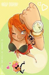 bracelet breasts cleavage highres jewelry nami one_piece orange_hair sanji_(one_piece) swimsuit tattoo wink rating:Sensitive score:9 user:thousandmaster