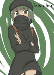  backpack bag black_hood blush character_name crossed_arms dress green_eyes green_hair isis-chan mask sidelocks simple_background solo_focus tagme thighhighs  rating:General score:1 user:Nichipy
