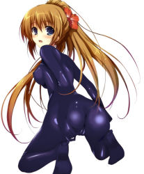  1girl :o ass blue_eyes blush bodysuit breasts brown_hair cameltoe covered_erect_nipples embarrassed flower from_behind hair_flower hair_ornament high_heels highres kneeling latex latex_suit long_hair looking_back medium_breasts nipples open_mouth original ponytail skin_tight solo source_request surprised sweat tomose_shunsaku very_long_hair  rating:Questionable score:68 user:drakegogo