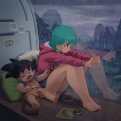  1boy 1girl age_difference barefoot black_hair blue_eyes blue_hair bulma cushion digital_media_player dragon_ball dragon_ball_(classic) drooling earbuds earphones forest highres hill hood hoodie kame_house map mountain nature open_mouth photo_(object) rain reflection sleeping son_goku spiked_hair tail teenage_girl_and_younger_boy tim_yan tree  rating:Sensitive score:57 user:danbooru