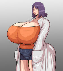  1girl breasts cleavage coat collarbone creatures_(company) female_focus game_freak gigantic_breasts gradient_background grey_background half-closed_eyes nintendo open_mouth orange_shirt philena_ivy plump pokemon ponkotsu_(robolobo4956) purple_hair shiny_clothes shiny_skin shirt short_hair skirt solo standing thick_thighs thighs white_coat 